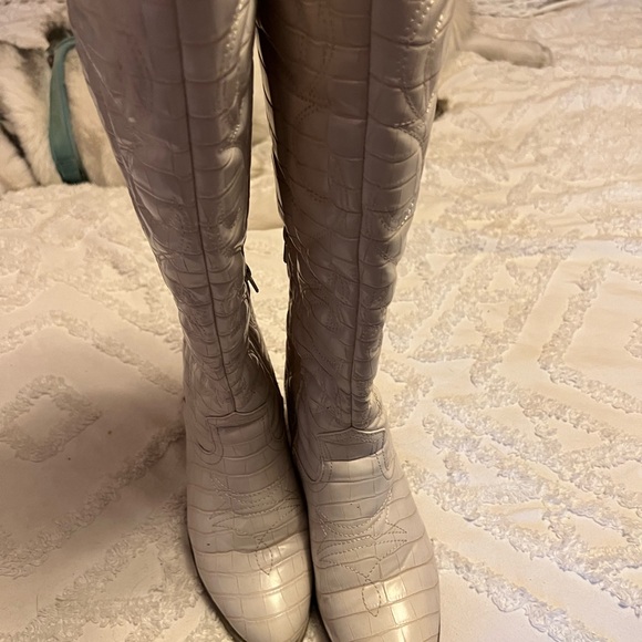 Cream Croc-Embossed Knee-High Boots - Picture 10 of 11